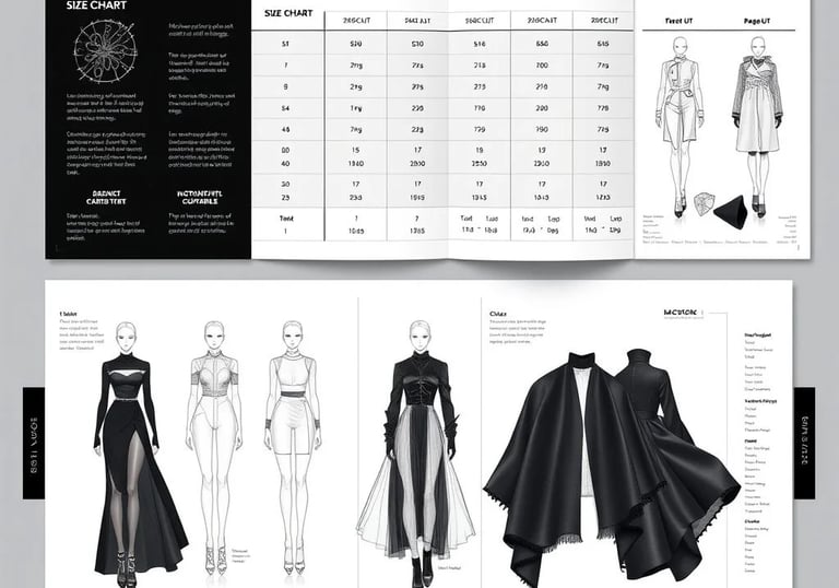 Techninio aprašymo pavyzdys vaizduojantis rūbo detales ir matų lenteles