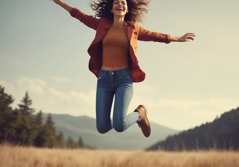a woman in a red jacket jumping in the air