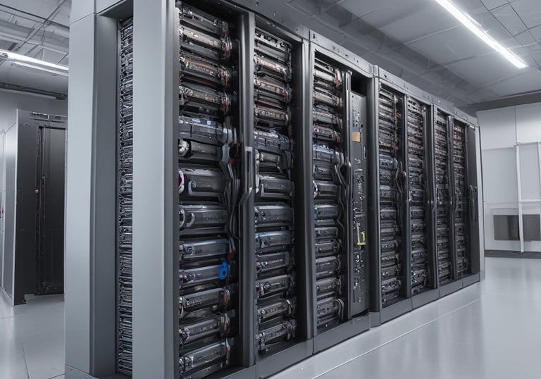 A room with a tiled ceiling and fluorescent lighting contains various electronic and office equipment. On the left, there's a wooden desk with a black server cabinet next to it. In the center of the room, a rack of network cables is visible, organized into a larger unit. To the right, a filing cabinet is mounted on the wall, with a printer/copier machine near the foreground. The walls are plain and the floor is covered in white tiles.