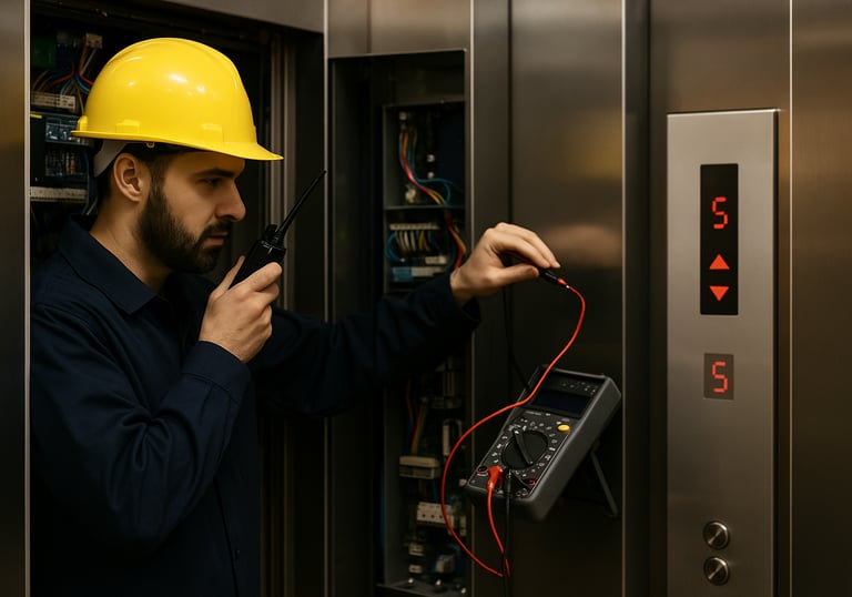 écnico en respuesta rápida ante falla de elevador, brindando soporte técnico disponible 24/7