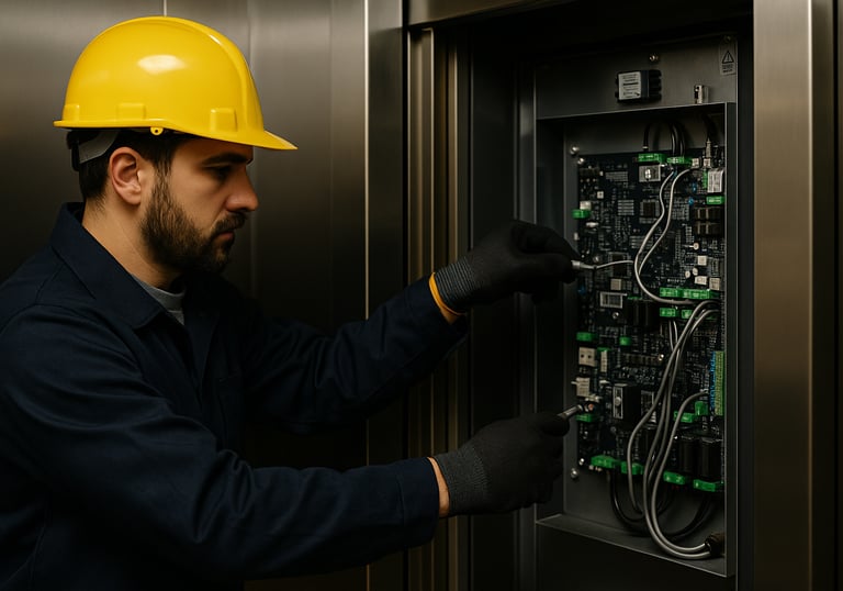 Técnico especializado realizando mantenimiento preventivo en elevador, asegurando funcionamiento