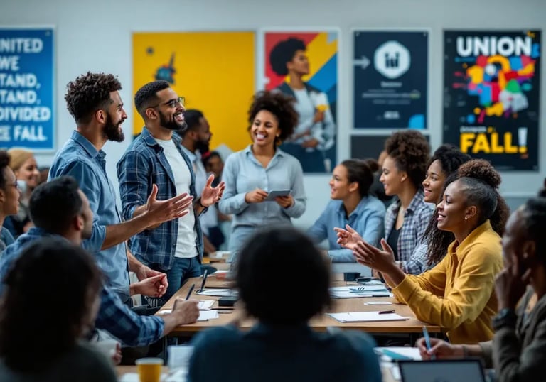 Image d'une formation syndicale avec des stagiaires diversifiés et deux formateurs dans une salle accueillante, illustrant un