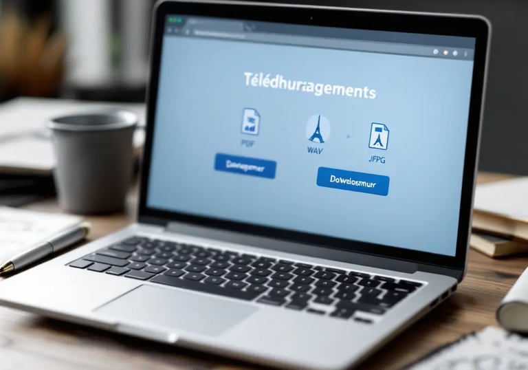 Ordinateur portable affichant une page web en français avec divers éléments téléchargeables sur un bureau.