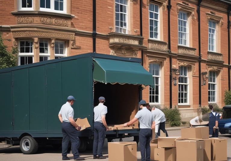 team of removal worksers loading elegant furniture & boxes from off the floor outside a stately home