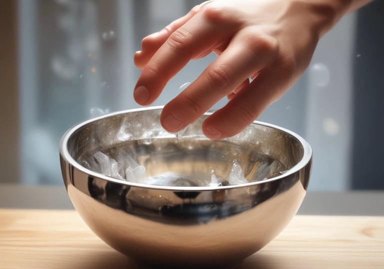 A large brass-colored singing bowl set on a white surface is accompanied by a metal mallet with a brown rubber head.