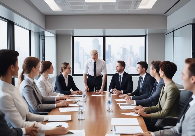 A team brainstorming session with charts and graphs.