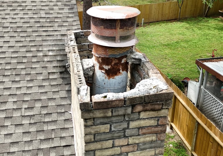 Damaged brick chimney with leaks, rusted flue, and missing chimney cap requiring chimney sweep, repa