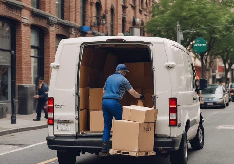 A delivery person loading a box into a van on a city street.