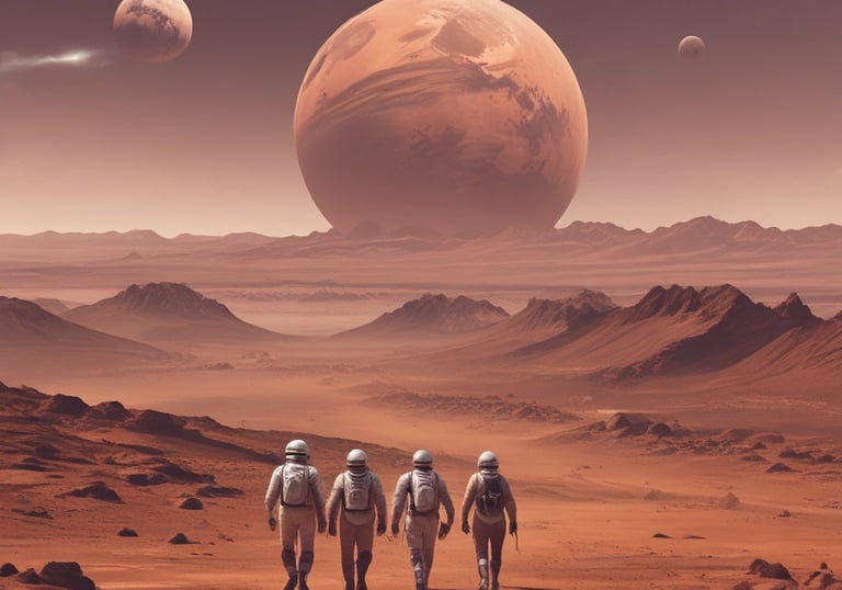 A futuristic setting with a large, iconic spacecraft positioned in front of towering rock formations that resemble a spaceport or otherworldly cityscape. The environment is bustling with visitors, some wearing hats, against a cloudy sky.