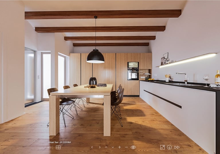 a kitchen with a table and chairs and a table