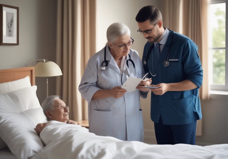 Three nurses in traditional uniforms are making beds in a hospital ward. The beds are organized in a neat row and the room has a dimly lit, monochromatic atmosphere. The nurses are focused on their tasks, arranging the white sheets with precision. In the background, dim figures of people are visible.