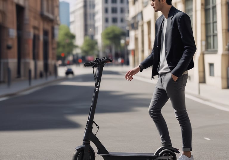 A sleek, modern electric scooter with a white and black color scheme, parked on a paved area next to green shrubs and red-tinted plants. The design is angular with a prominent front light and visible handlebars.