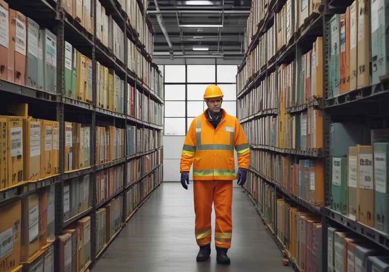 a man in a yellow safety vest and safety gear walking through a large room with lots of files