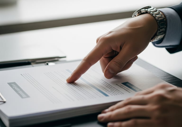 A consultant pointing at a candidate's portfolio