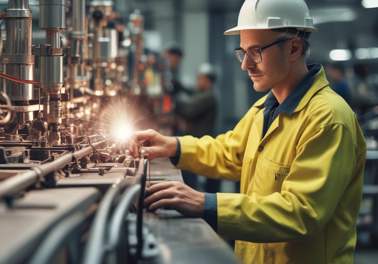 An industrial setting inside a factory with multiple large mechanical components arranged in a row. A complex network of beams, pipes, and metal structures is visible above, indicating a manufacturing or assembly environment. The lighting is dim and utilitarian, focusing on functionality rather than aesthetics.