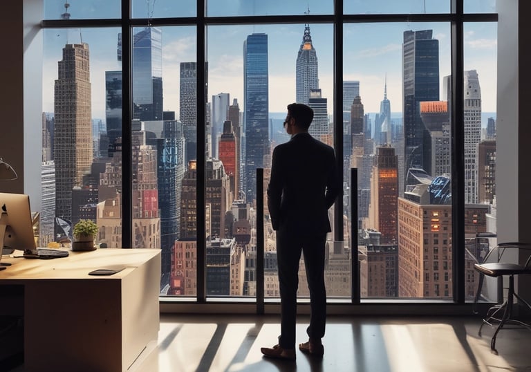 A stack of business and design-themed books placed on a wooden stool next to a large green plant. The titles include 'Good to Great,' 'The Lean Startup,' and 'Blitzscaling.' In the background, there is a soft focus of a mug and some light streaming in, creating a cozy atmosphere.