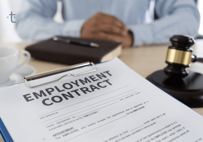 a man in a suit and tie is holding a clipboard with a employment contract agreement