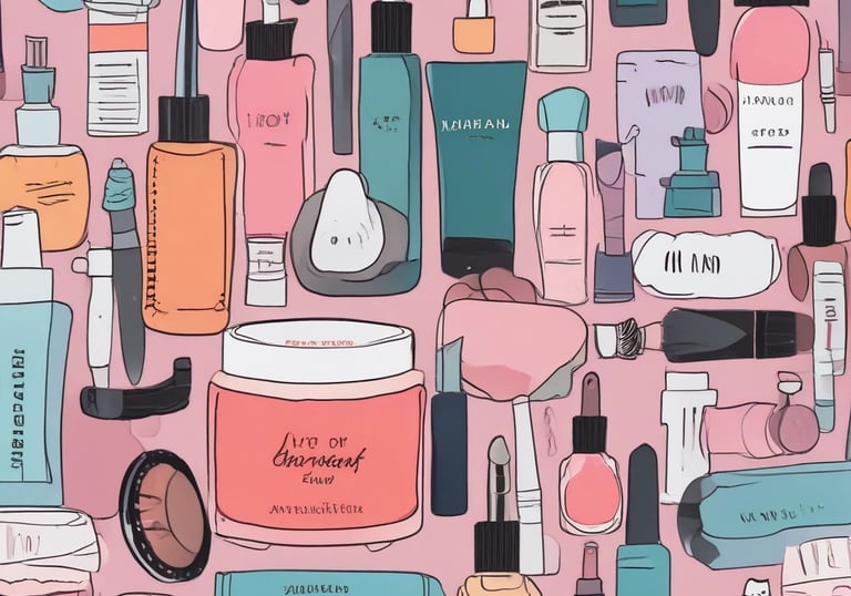 A collection of beauty and skincare products is arranged on a surface, including bottles of oils and serums, cosmetics like lipstick and blush, makeup brushes in a holder, and a lit black candle adding ambiance. The setup is accompanied by cotton swabs, emphasizing a self-care or beauty routine theme.