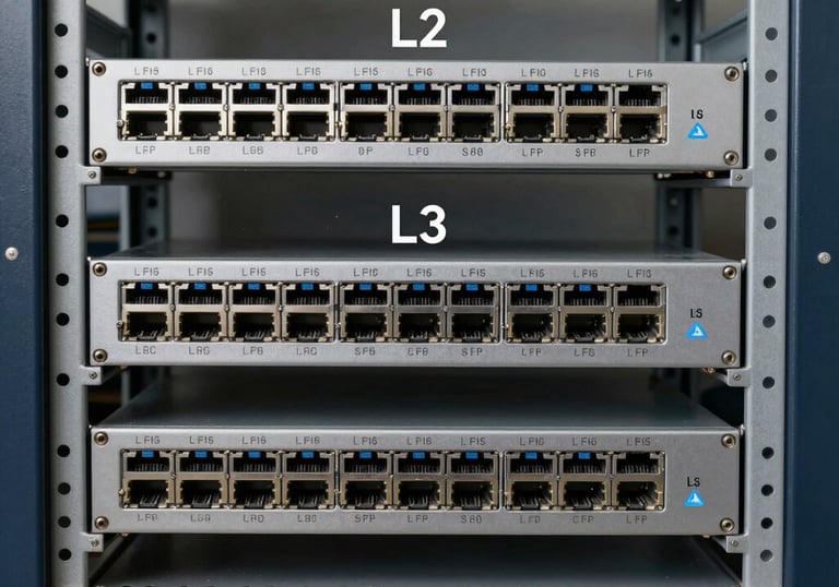 Stacked L2/L3 switches and routers with clean cables in a neat server room.