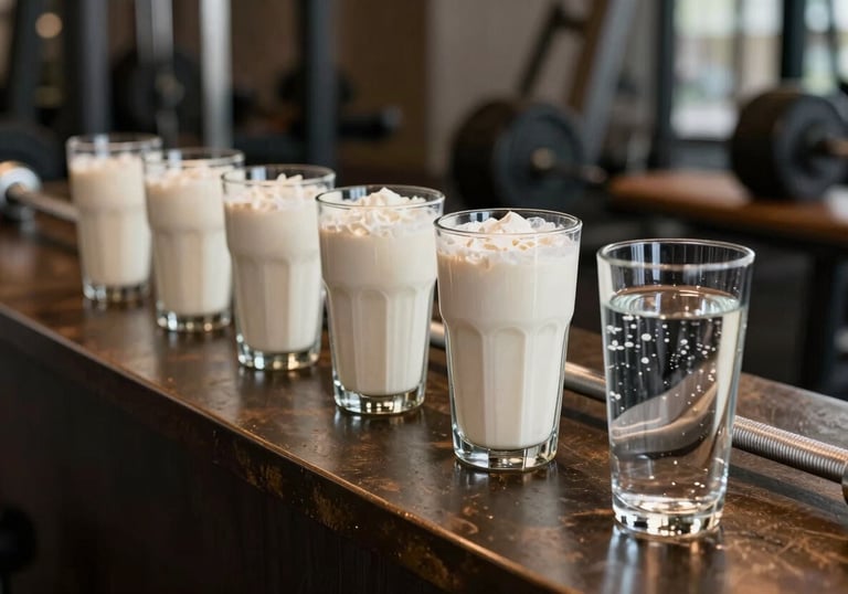 A high-end recovery bar featuring protein shakes and fresh water in bone white glasses, sitting on a deep bronze countertop in a gym lounge.