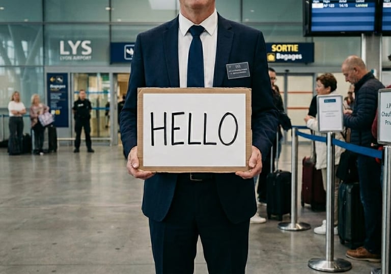 Prise en charge de vos transfert au terminal 1 de l'aéroport de Lyon Saint Exupéry avec une pancarte