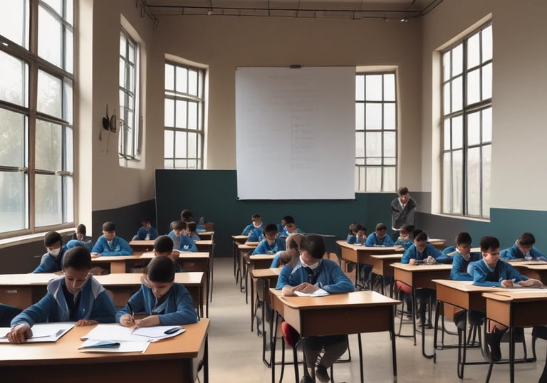 A classroom filled with students wearing matching red and black uniforms. They sit at wooden desks, facing forward, with a few students engaging in conversation. The room has a colorful geometric-patterned wall that displays 'IPA 3' in bold letters. Several small potted plants hang from the ceiling and around the windows, adding greenery to the space. Light streams in through large windows on one side, illuminating the students.