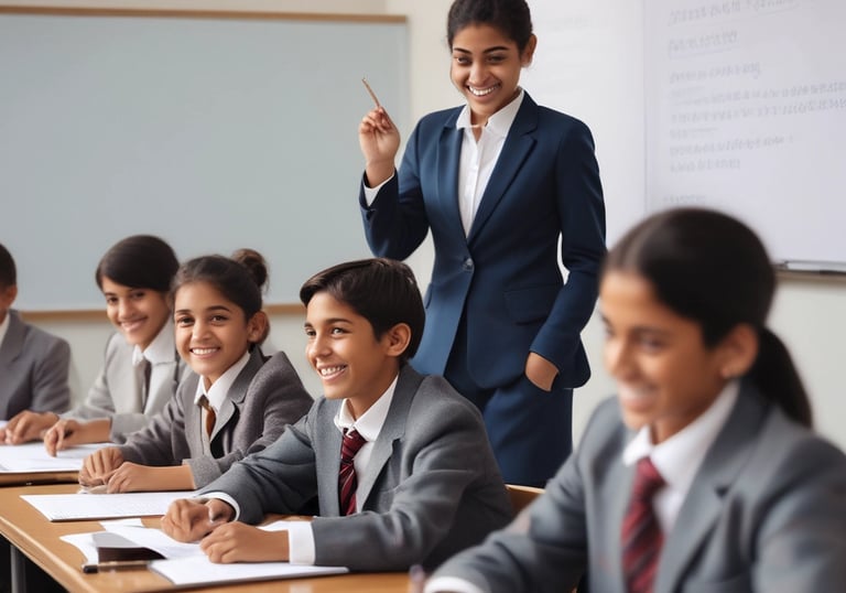 A classroom filled with young students wearing uniforms in shades of green and blue. The walls are adorned with chalkboards and posters, and natural light filters through a window. The students are seated at wooden desks, some are smiling while others look attentive.