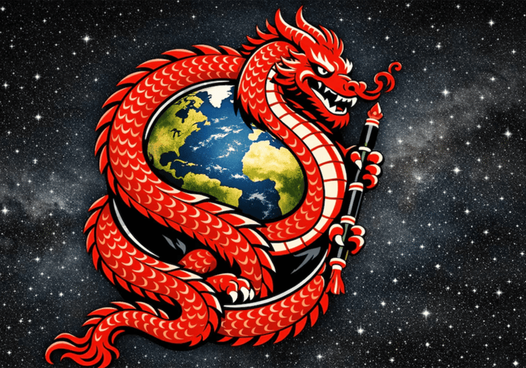 A red Chinese dragon wrapped around planet Earth in a starry space background.
