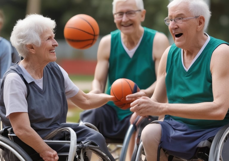 A group of children and adults are holding up various signs advocating for disability rights and inclusion in sports. The signs have messages like 'We want unified sports in the Paralympics to mainstream disability,' 'Support disability rights,' 'Don't look at the less, look at the records,' and 'Yes I can.' The participants are wearing blue shirts with orange and red lettering and are standing on an outdoor street with trees and buildings in the background.