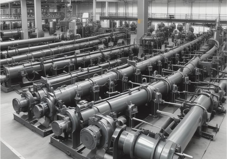 Long metal pipes and beams create a complex industrial structure, casting intricate shadows on the ground. The setting appears to be part of a manufacturing or processing plant with visible cables and conduits.