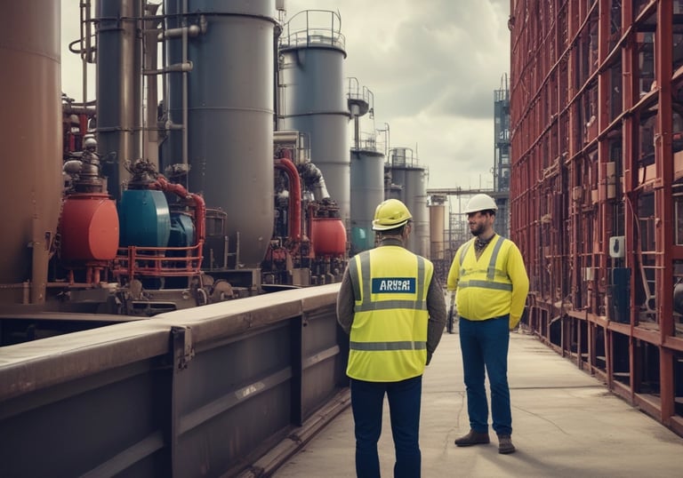 Long metal pipes and beams create a complex industrial structure, casting intricate shadows on the ground. The setting appears to be part of a manufacturing or processing plant with visible cables and conduits.