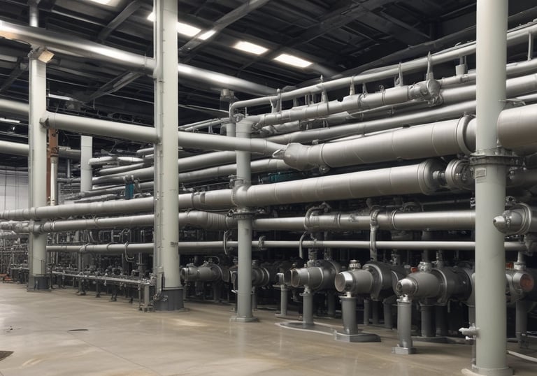 A spacious industrial workshop with various pieces of machinery and equipment organized throughout the area. The floor is a bright blue, and several large machines are positioned around the space, including a metal press and a Euromac machine. Overhead, there are support beams and lighting fixtures, and a yellow overhead crane system is visible. The walls are white with large windows, and there are several workbenches around the area. A few people are working in the background.