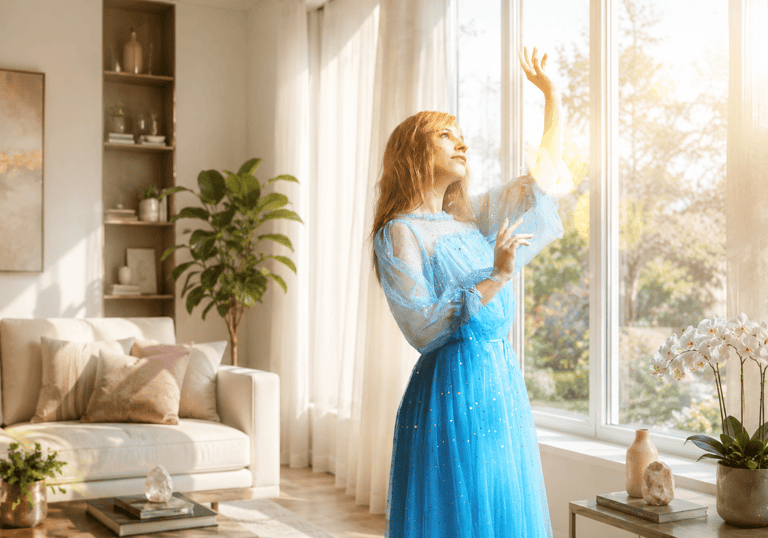 femme dans son salon ressentant le bien être dans son habitat gràce au feng shui