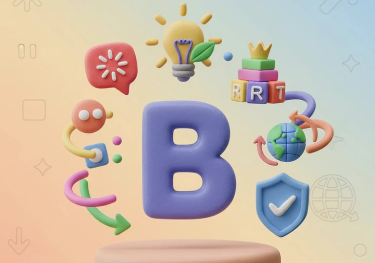 A large purple 3D letter 'B' stands on a circular pedestal, surrounded by various colorful 3D.