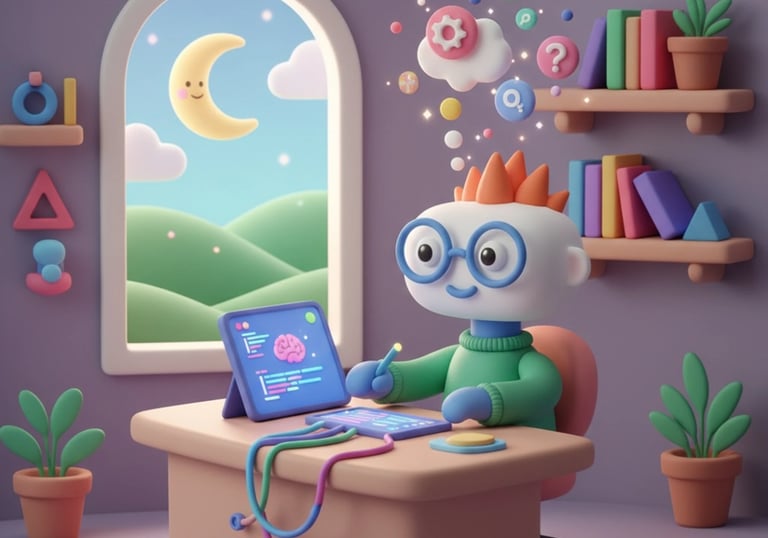 A cheerful 3D rendered character with glasses works on a tablet at a desk, surrounded by floating id