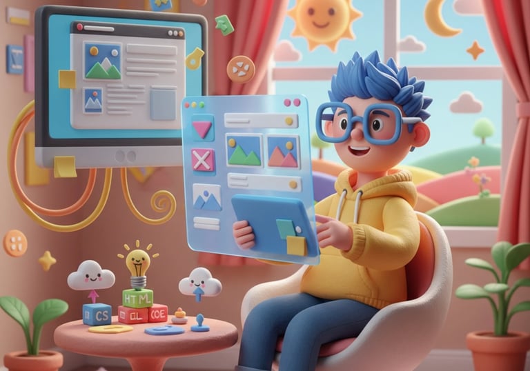 A 3D cartoon boy with blue hair and glasses works on a transparent UI/UX design interface in a color