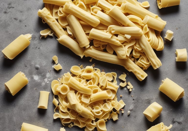 A variety of uncooked pasta types spread out on a surface alongside a brown egg and fresh basil leaves. The different pasta shapes include spirals, macaroni, lasagna sheets, and farfalle, arranged in sections. A red and white checkered cloth is partially visible in the background.