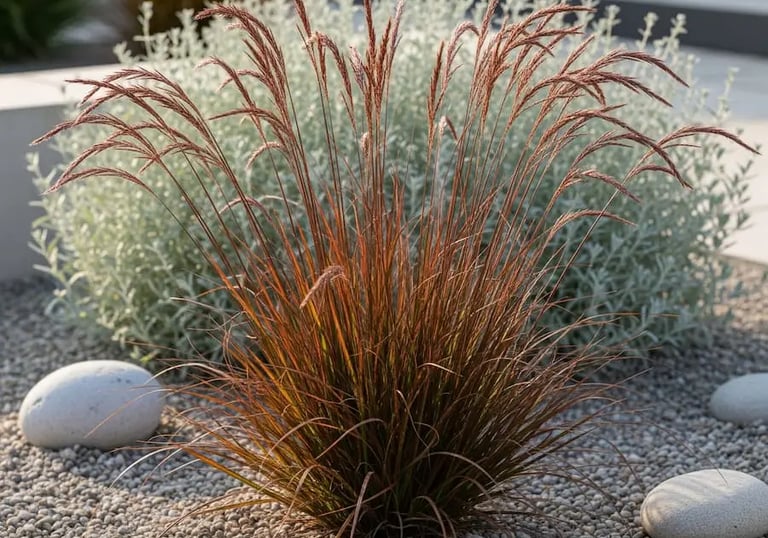 jardín sostenible con gramíneas y aromáticas