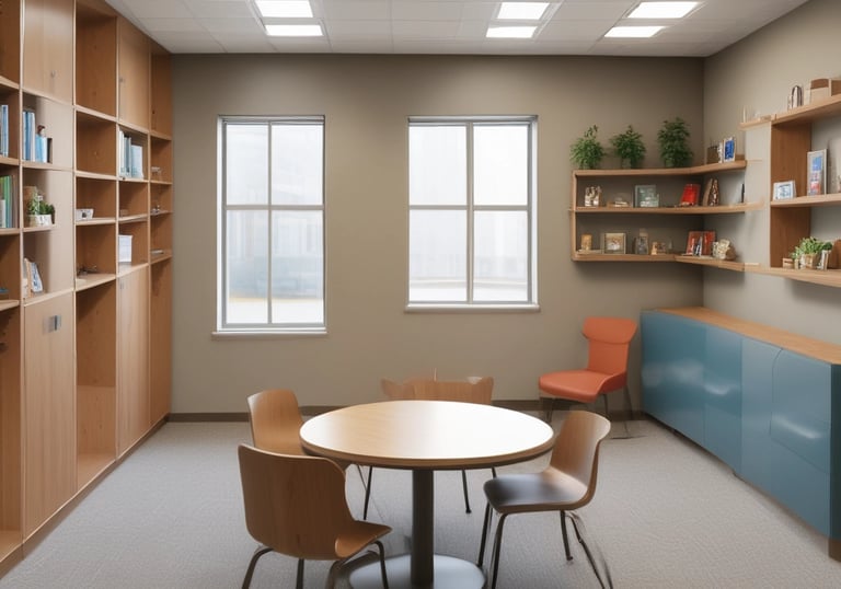 A chain-link fence encloses an area with a brick building to the right, labeled as a mental health facility. In the center, there is a small, bright yellow kiosk or shed with a green roof. The area is grassy with a dirt path leading towards the kiosk, and several trees provide greenery in the background. The sky is clear with a few scattered clouds, suggesting pleasant weather.