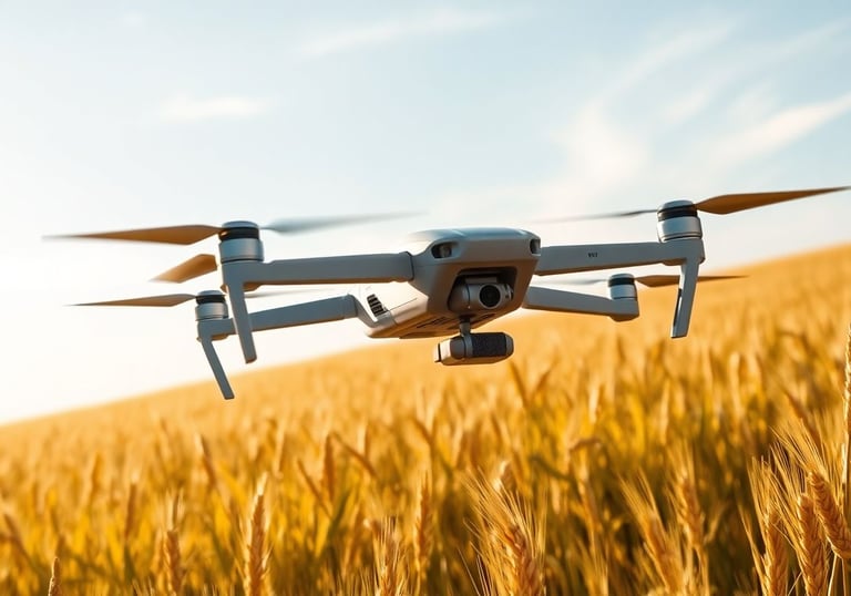 DJI Mini 4 Pro drone vliegt boven een graanveld voor landbouwdata-analyse en precisielandbouw