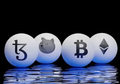 Crypto tokens including Tezos, Dogecoin, Bitcoin, and Ethereum floating on reflective surface