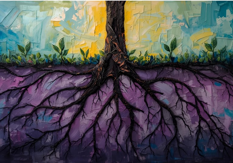 Underground roots with small shoots, symbolising connection & renewal through couples counselling