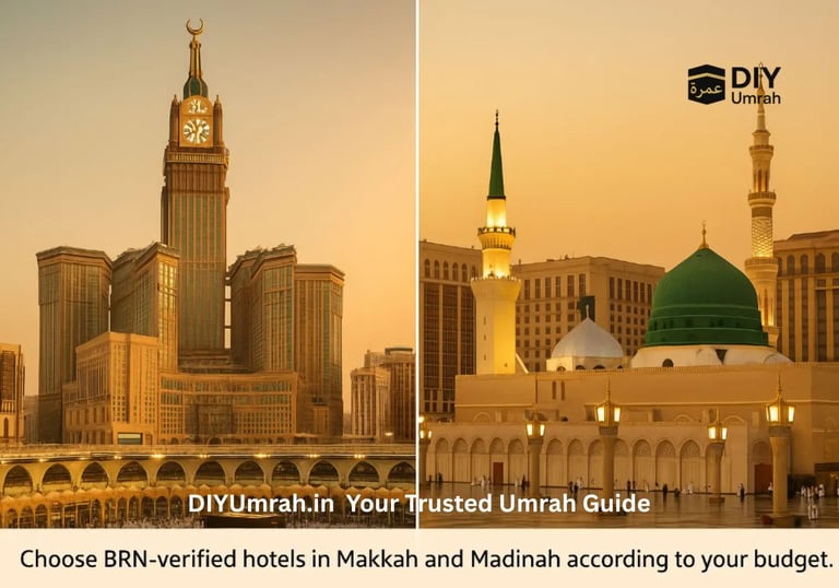 BRN verified Umrah hotels illustrated near Masjid al Haram and Masjid an Nabawi