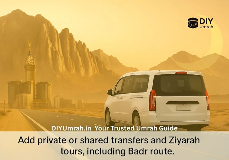 Private Umrah transport van driving on a desert road between Makkah and Madinah