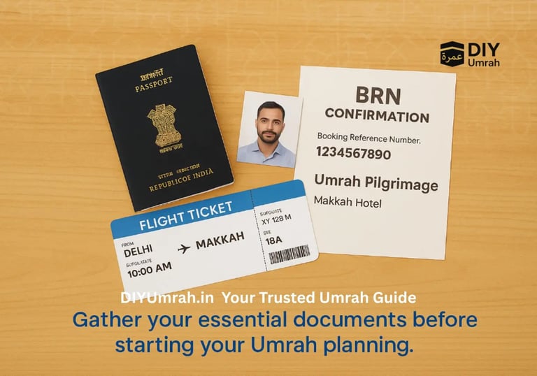 Indian passport, photo and flight ticket arranged for Umrah documents