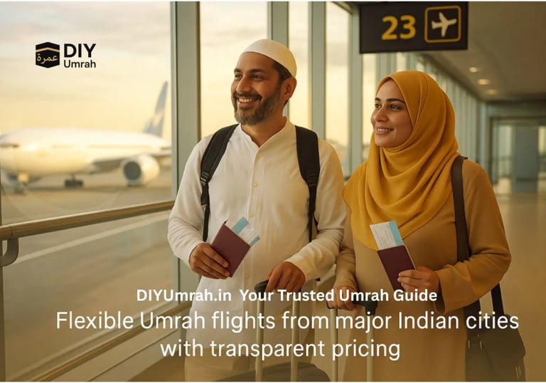 Indian pilgrims at an airport boarding a flight for Umrah from India