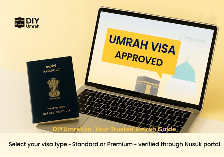 Standard or Premium Umrah visa approval displayed on laptop screen next to Indian passport