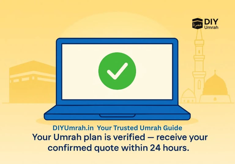 Verified Umrah quote confirmation via WhatsApp with Saudi landmarks in background
