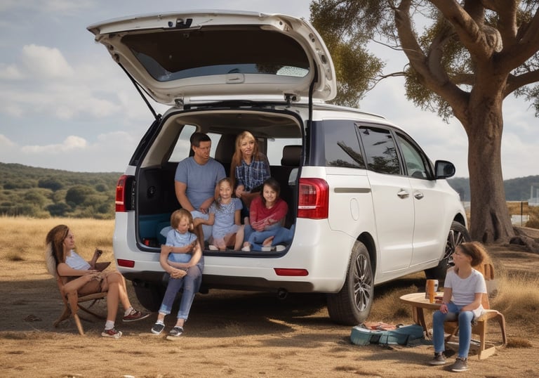 A rugged SUV driving through a forest trail with sunlight filtering through trees.