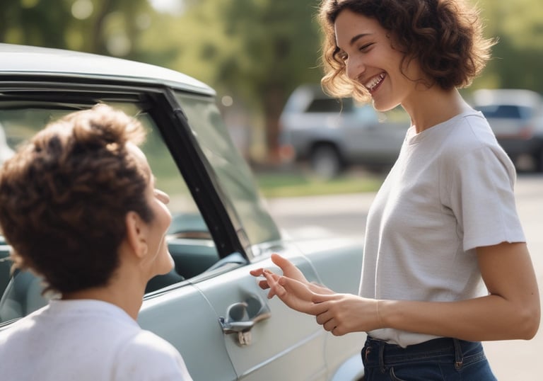 Friendly customer service agent assisting a happy renter at the Mag Car Rental desk.